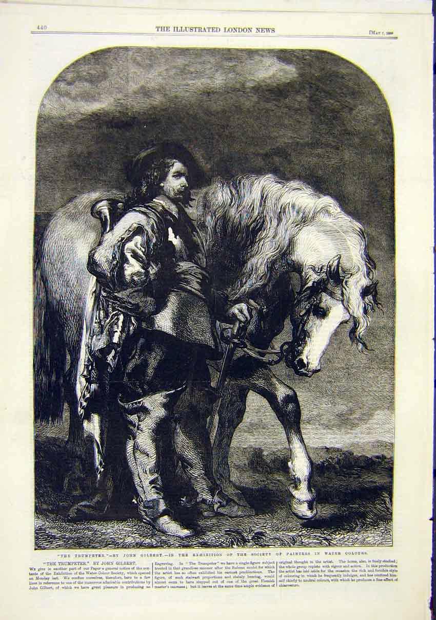 Original Old Antique Print Trumpeter Gilbert Fine Art 1859 Horse Man Victorian