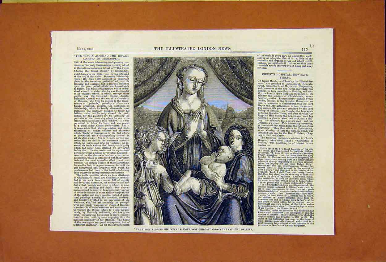 Original Old Antique Print Virgin Adoring Infant Ghirlandajo 1859 Victorian