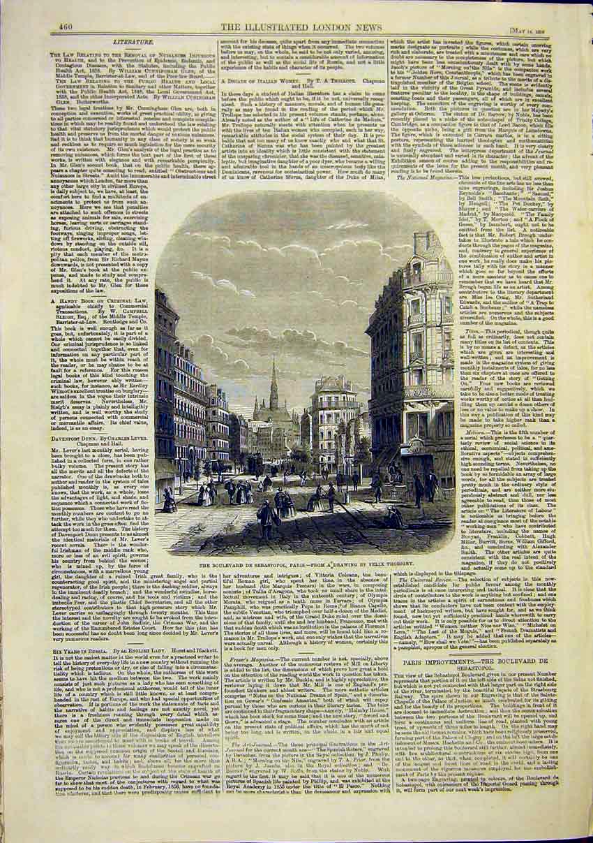 Original Old Antique Print Paris Boulevard De Sebastopol Thorigny 1859 Victorian