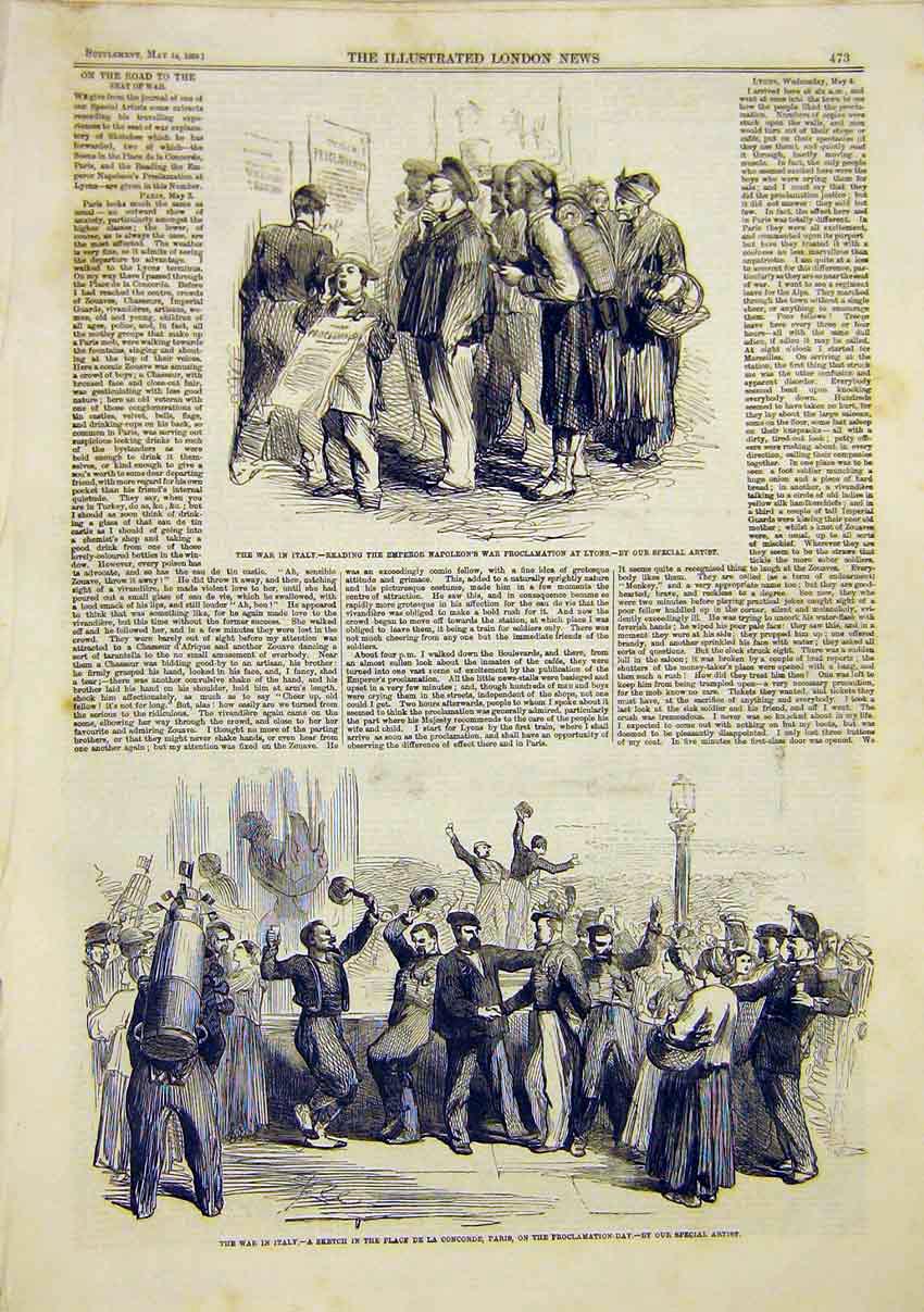 Old Antique Print War Italy Sketch Lyons Concorde Paris Proclomation 1859 19th