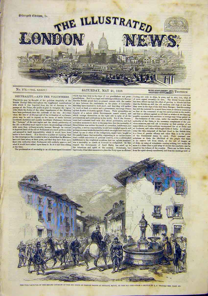 Old Antique Print Italy War French Troops Modan Savoy Sketch Beauce 1859 19th