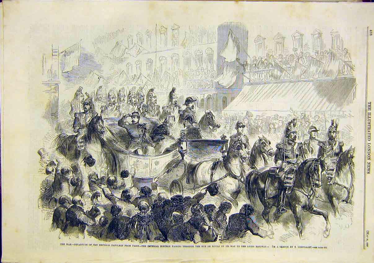 Original Old Antique Print War Emperor Napoleon Imperial Cortege Paris 1859 19th