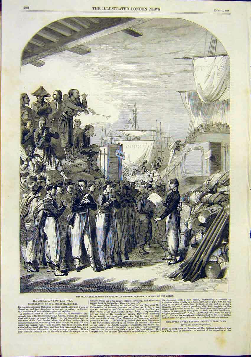 Original Old Antique Print War Zouaves Marseilles Embarkation 1859 Victorian