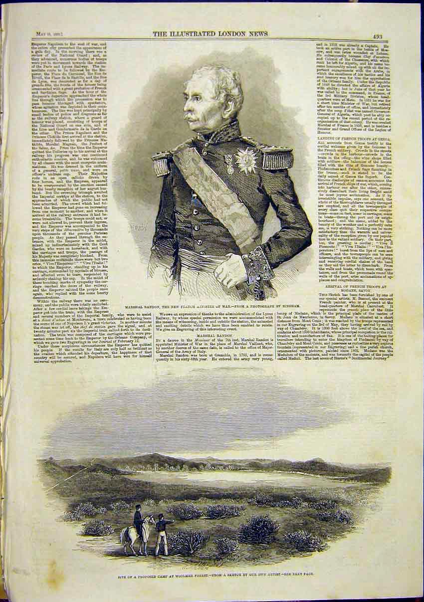 Old Antique Print Portrait Randon French Minister War Woolmer Forest 1859 19th