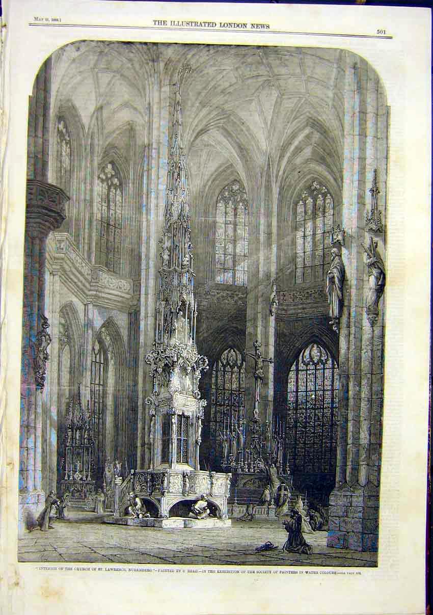 Original Old Antique Print Church Lawrence Nuremberg Read Building Fine Art 1859