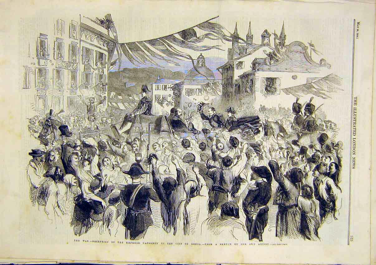 Original Old Antique Print War Genoa Emperor Napoleon Reception 1859 Victorian