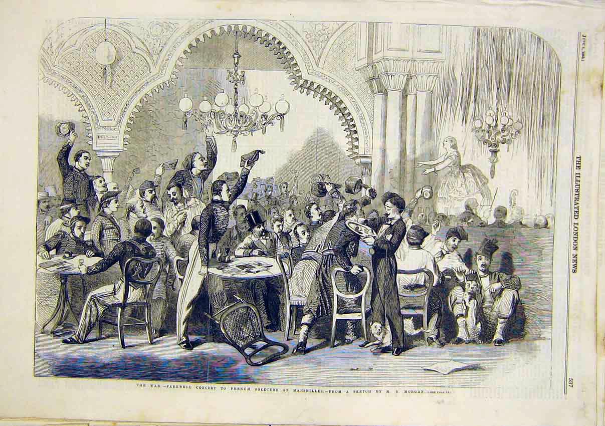 Original Old Antique Print War Concert French Siers Marseilles Morgan 1859 19th