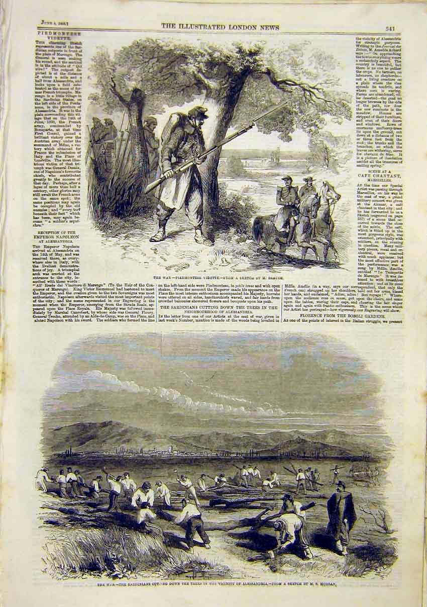 Original Old Antique Print War Piedmontese Vidette Sardinians Alessandria 1859