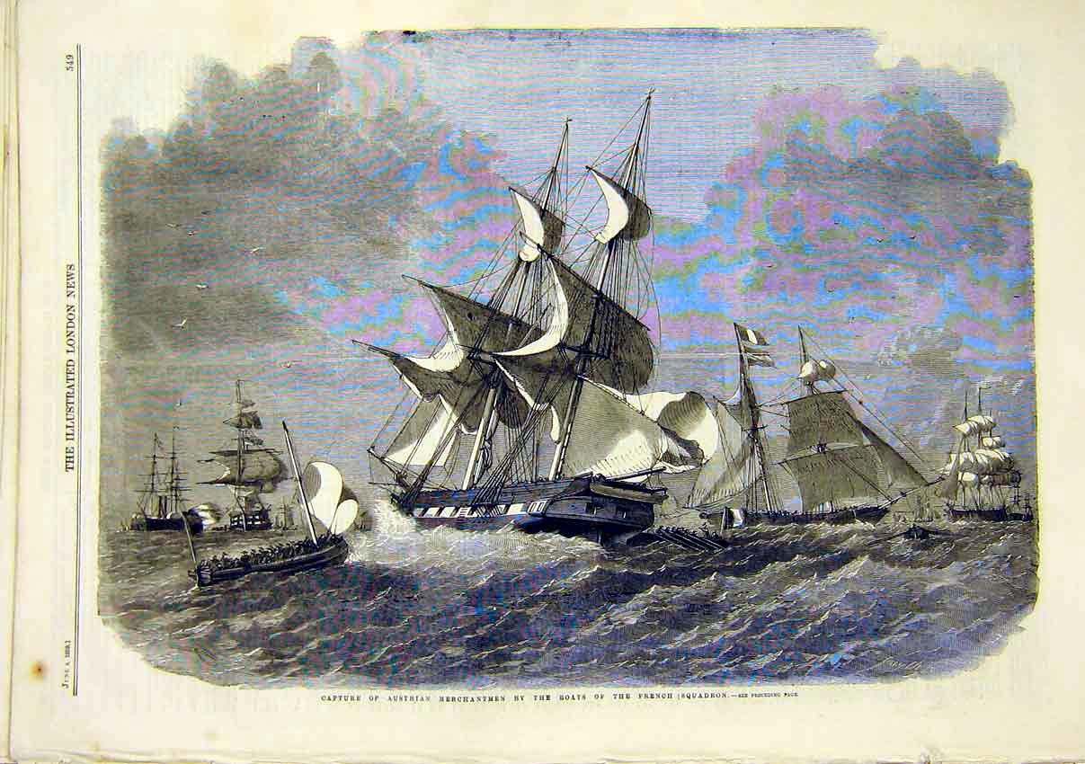 Original Old Antique Print Austrian Merchantmen Boats French Squadron 1859 19th