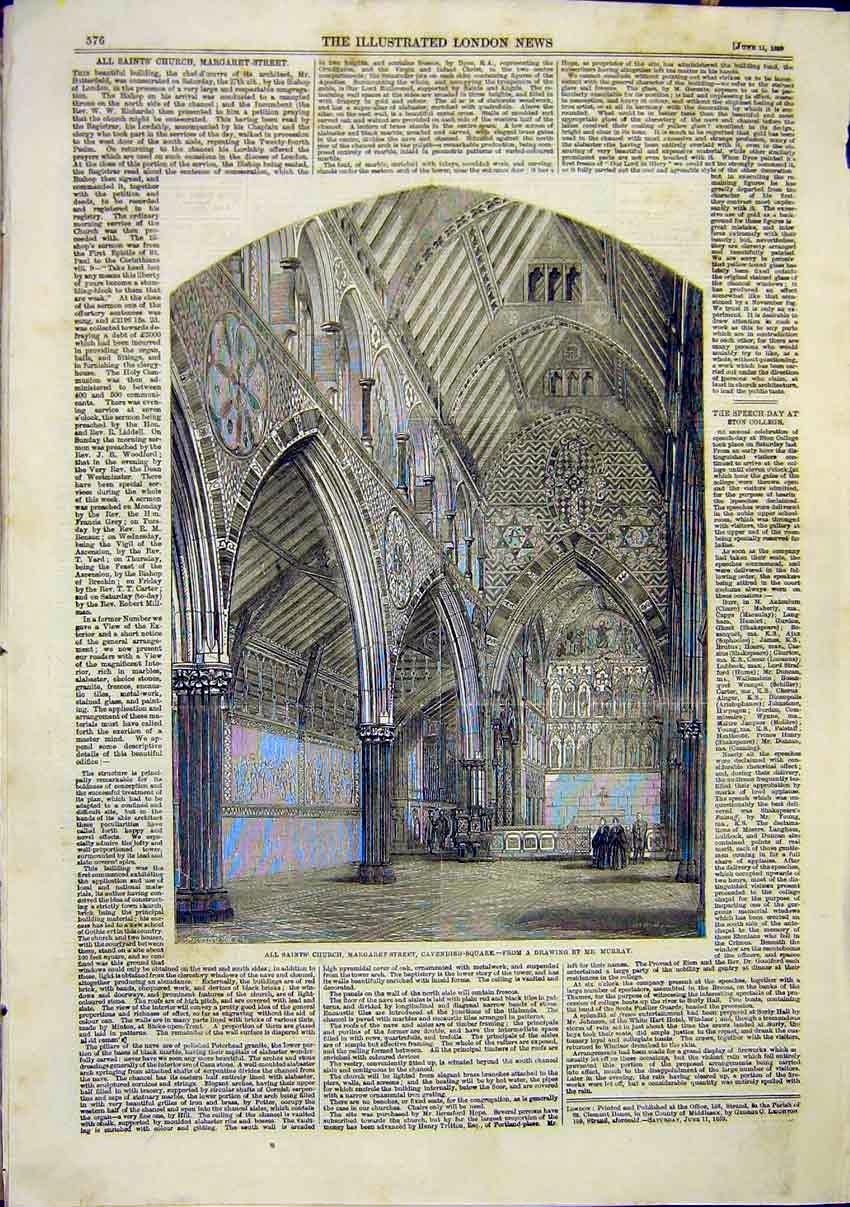 Old Antique Print All Saints Church Cavendish Square Murray Building 1859 19th