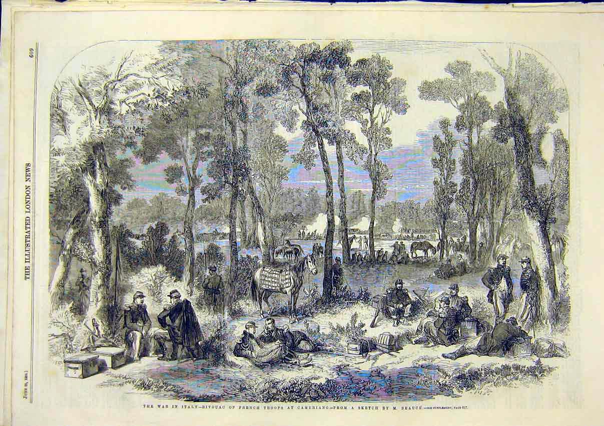 Original Old Antique Print War Italy Bivouac French Troops Cameriano Beauce 1859
