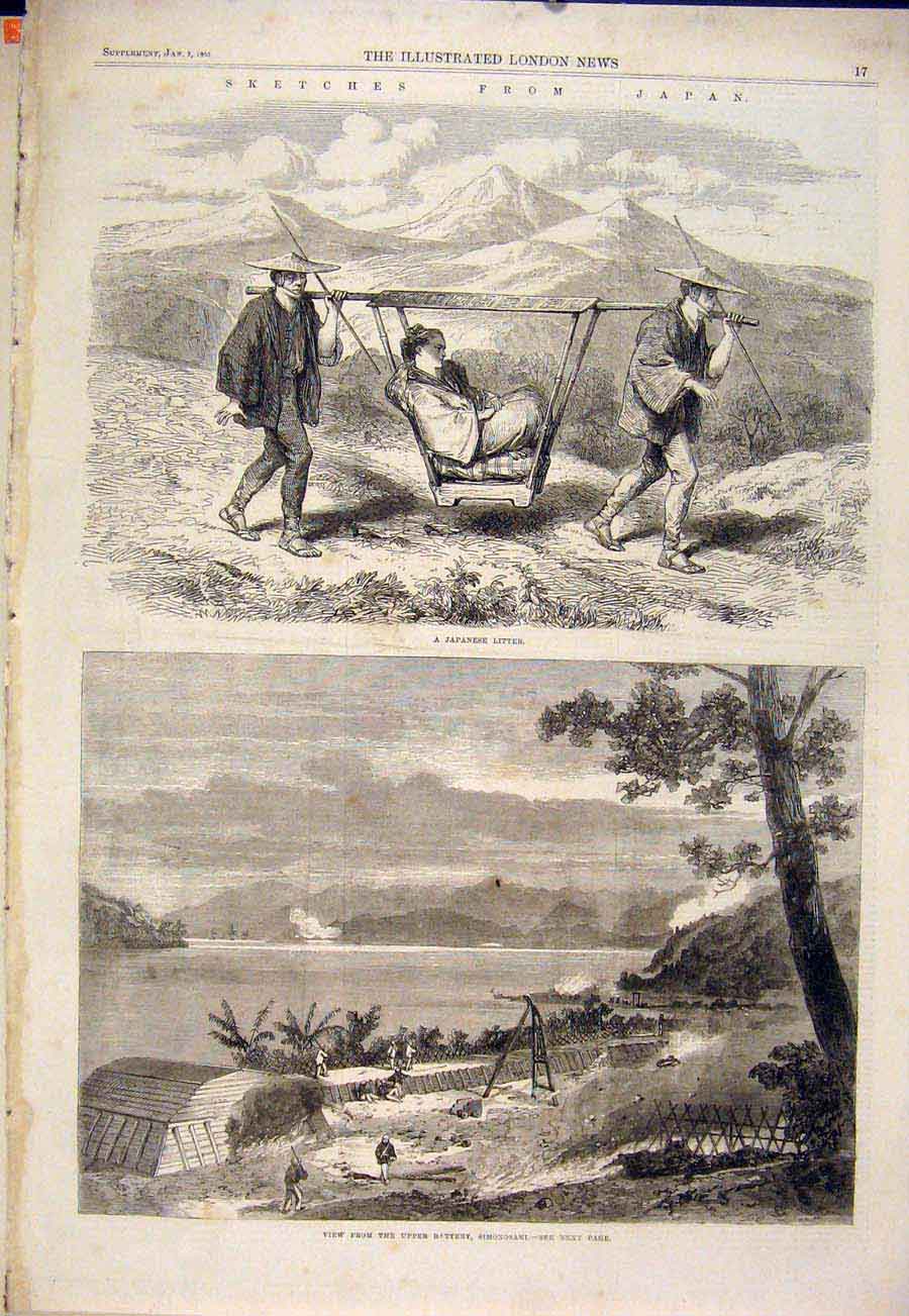 Original Old Antique Print Sketches Japan Japanese Litter Simonsaki Battery 1865