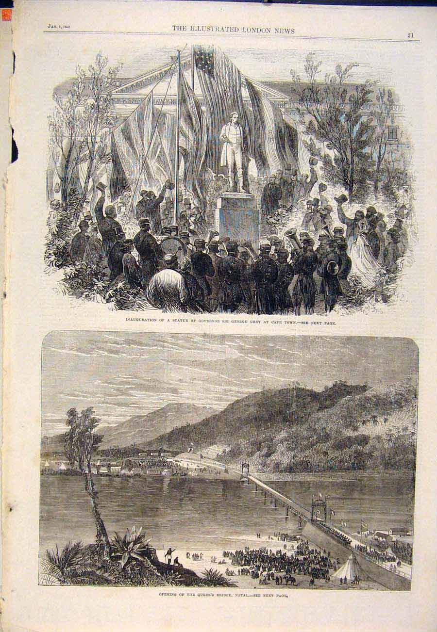 Original Old Antique Print Statue Governor Cape Town Natal South Africa Bridge