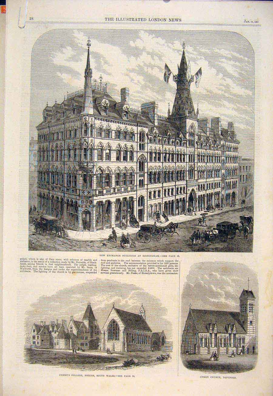 Old Antique Print Exchange Building Birmingham College Brecon Church 1865 19th