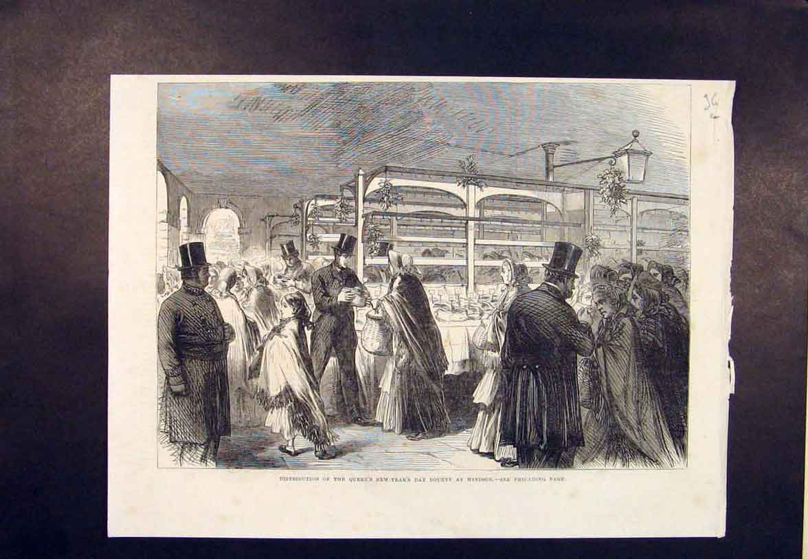 Original Old Antique Print Windsor Castle Queen New Year Bounty London 1865