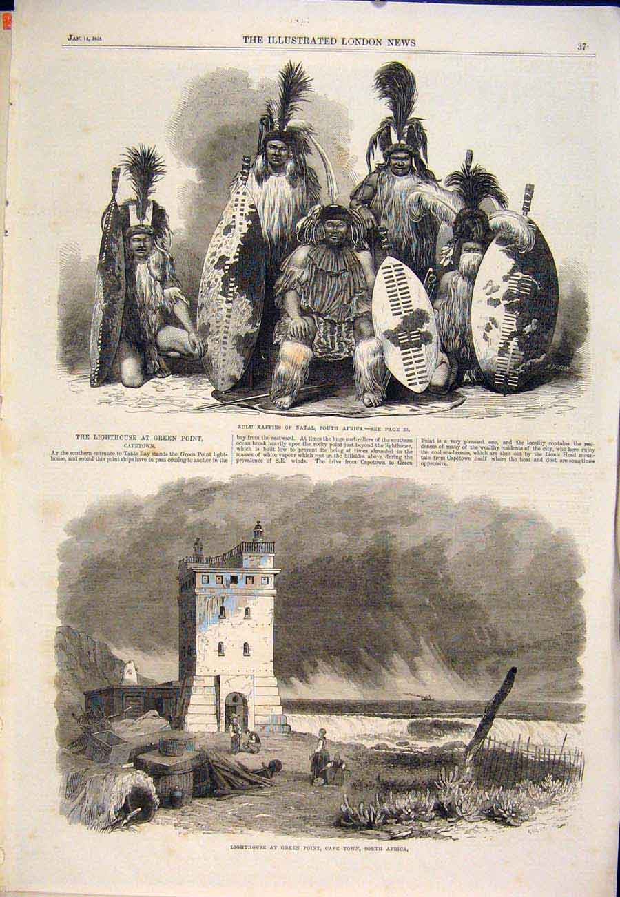 Old Antique Print Zulu Kaffirs Natal South Africa Lighthouse Green Point