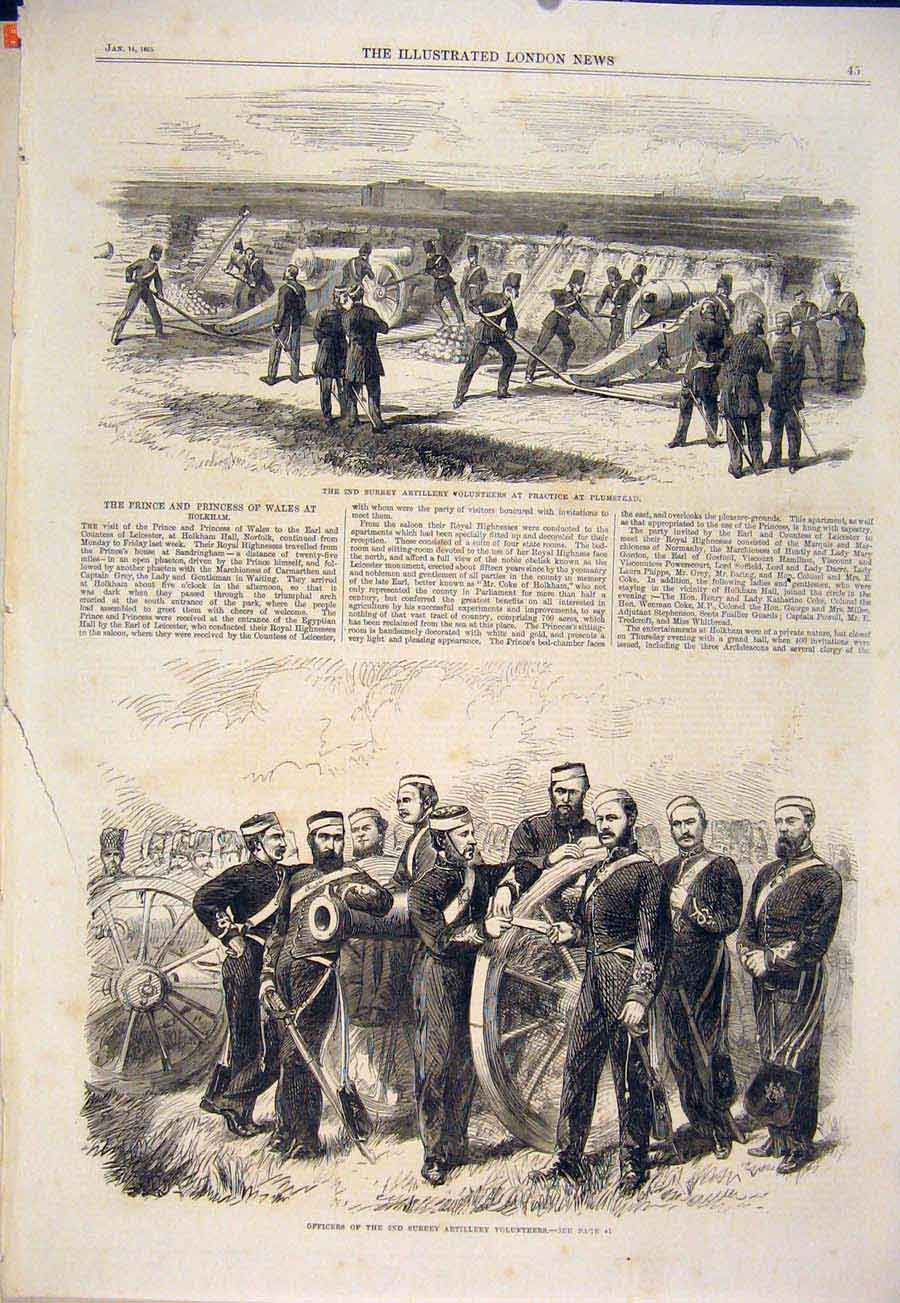 Original Old Antique Print Surrey Artillery Volunteers Plumstead Military 1865