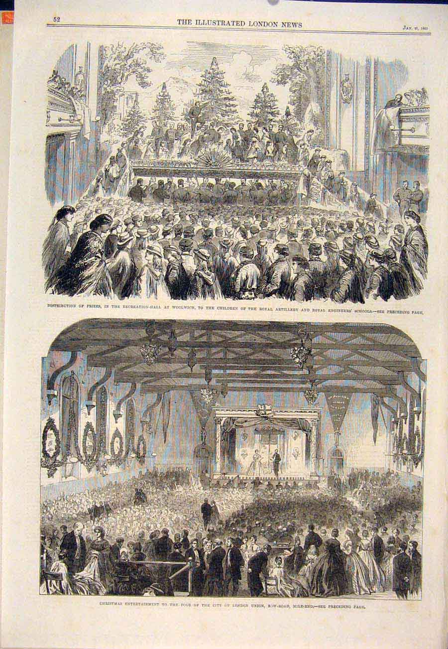 Old Antique Print Woolwich Children Artillery Engineers Christmas London