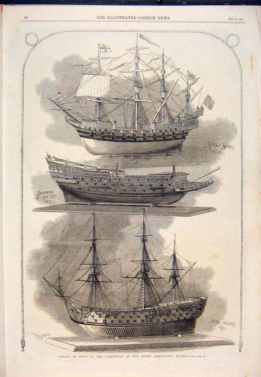 Original Old Antique Print Boat Models Ship Kensington Museum Hms Harry William