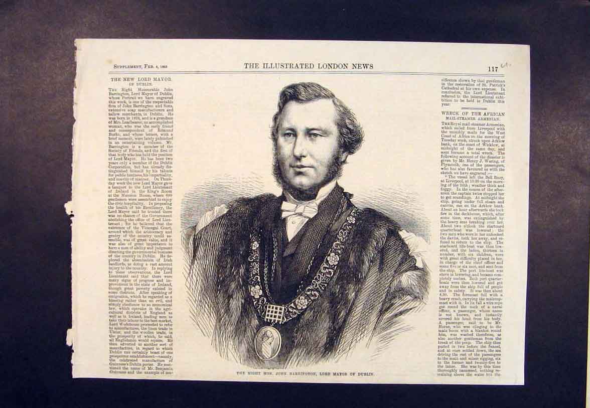 Original Old Antique Print Portrait Barrington Lord Mayor Dublin Ireland 1865