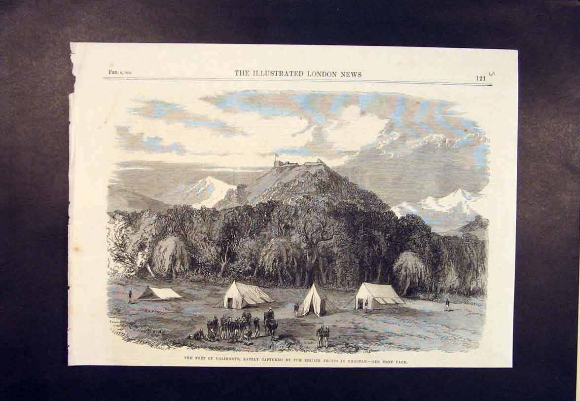 Original Old Antique Print Dalimkote British Troops Bhootan India Fort 1865