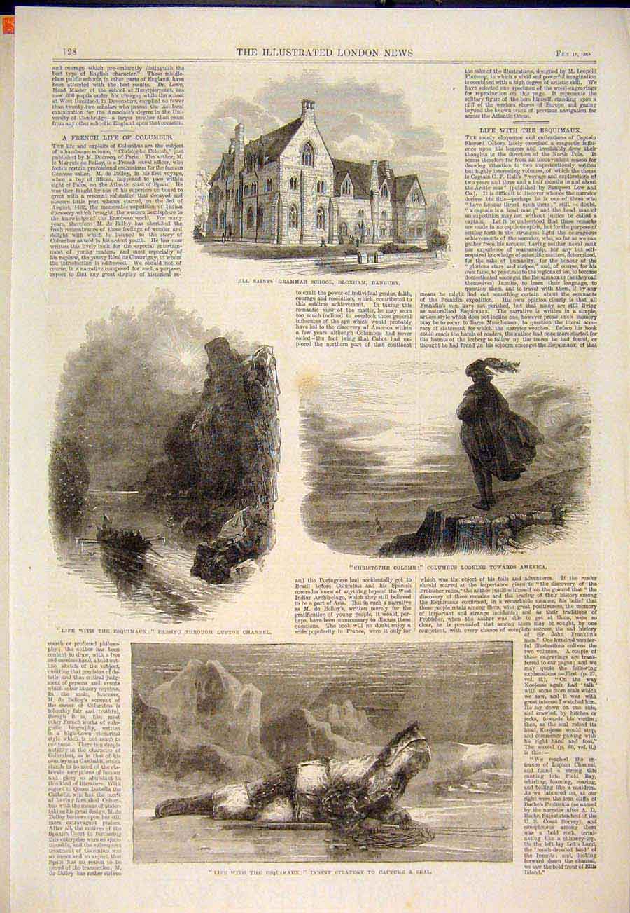 Original Old Antique Print Grammar School Banbury Lupton Colubus Eskimo Innuit