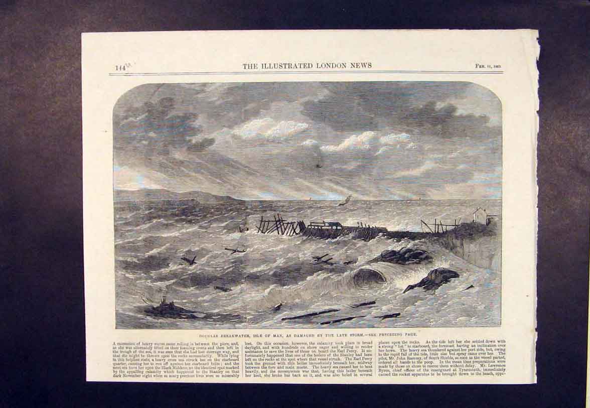 Original Old Antique Print Douglas Breakwater Isle Man Storm Beach Sea 1865