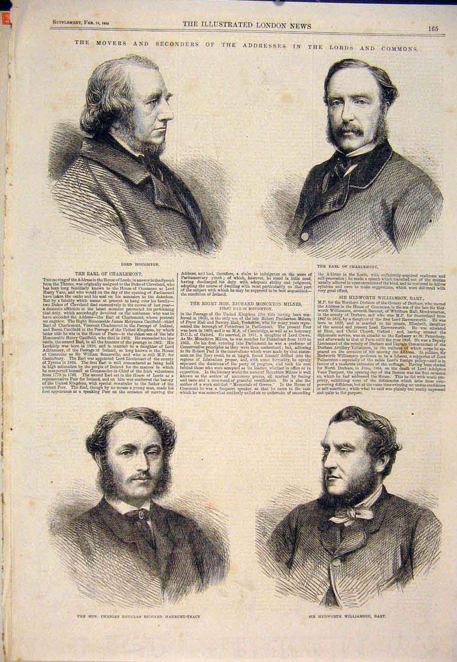 Original Old Antique Print Lords Commons Houghton Charlemont Hanbury-Tracy 1865