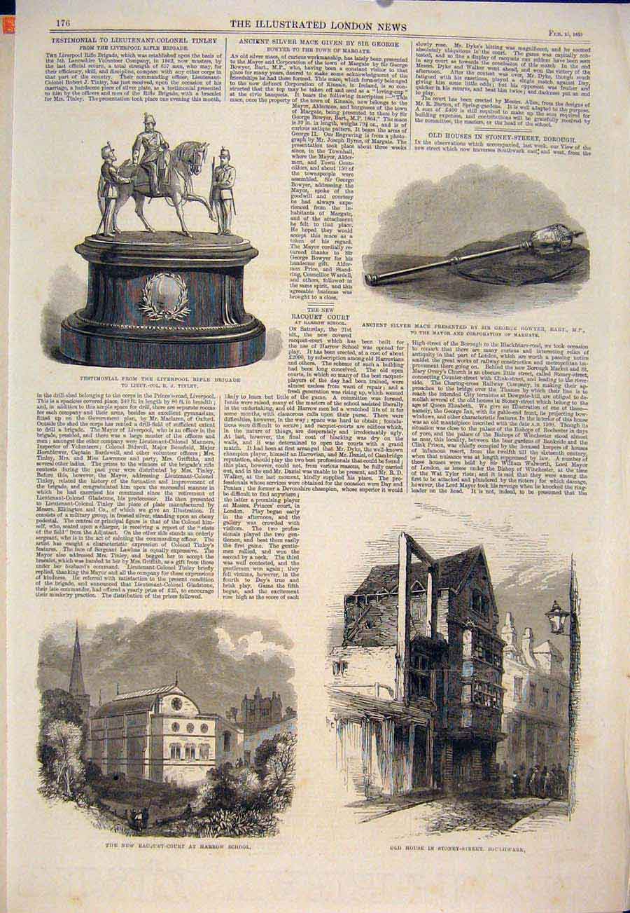 Original Old Antique Print Southwark Harrow School Liverpool Rifle Mace Bowyer