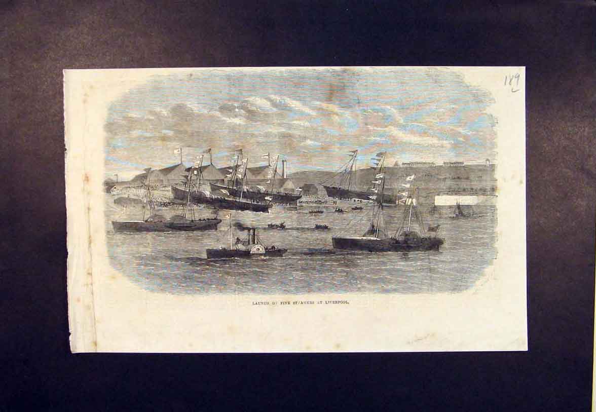 Original Old Antique Print Steamers Liverpool Launch 1865 19th