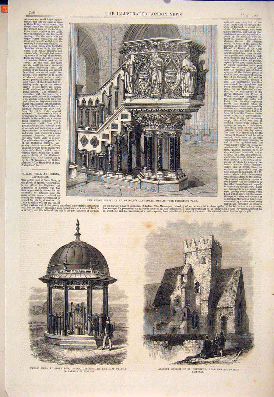 Original Old Antique Print St Patrick'S Cathedral Dublin Ipsden Church Ireland