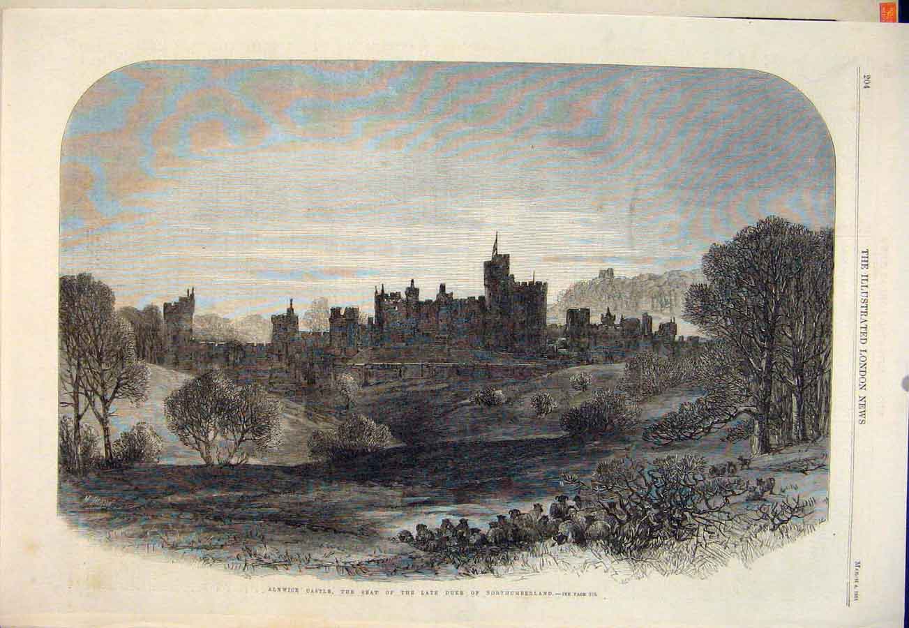 Original Old Antique Print Alnwick Castle Duke Northumberland 1865 Victorian