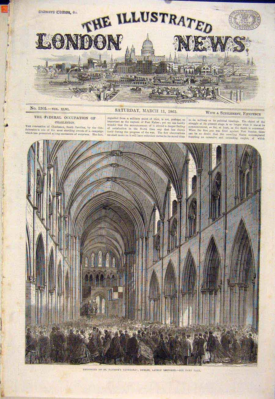 Original Old Antique Print St Patrick'S Cathedral Dublin Ireland 1865 Victorian