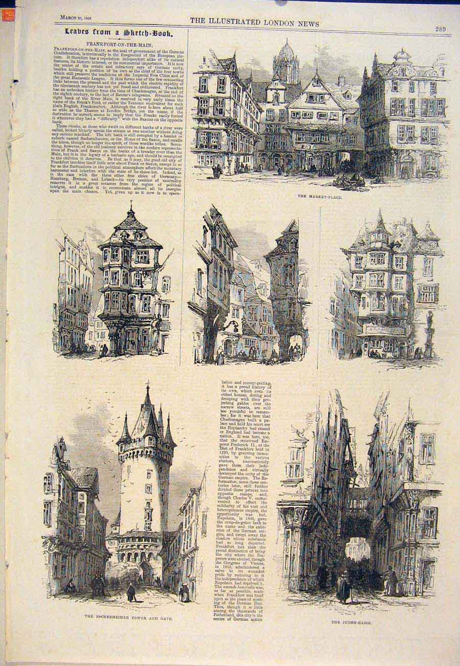 Old Antique Print Frankfort Germany Market Juden-Gasse Eschenheimer 1865 19th