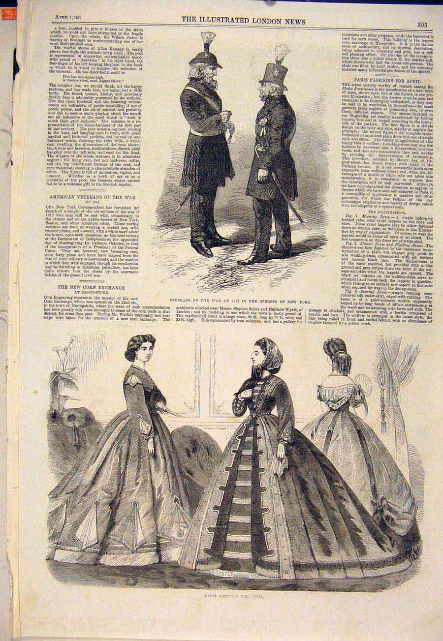 Original Old Antique Print Veterans War 1812 New York Usa Paris Fashions 1865