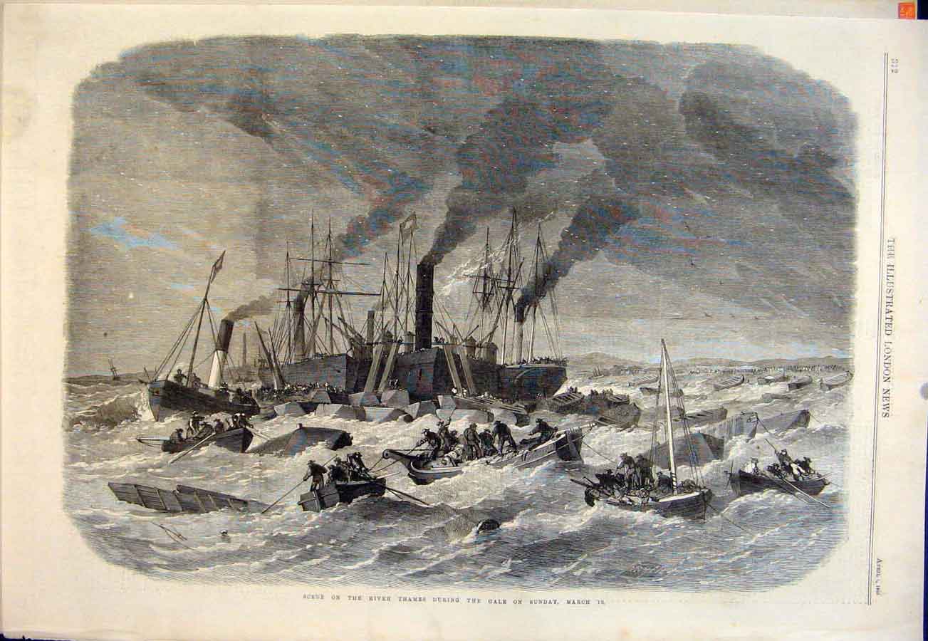 Original Old Antique Print River Thames Gale Storm Boats Ship Boat 1865 19th
