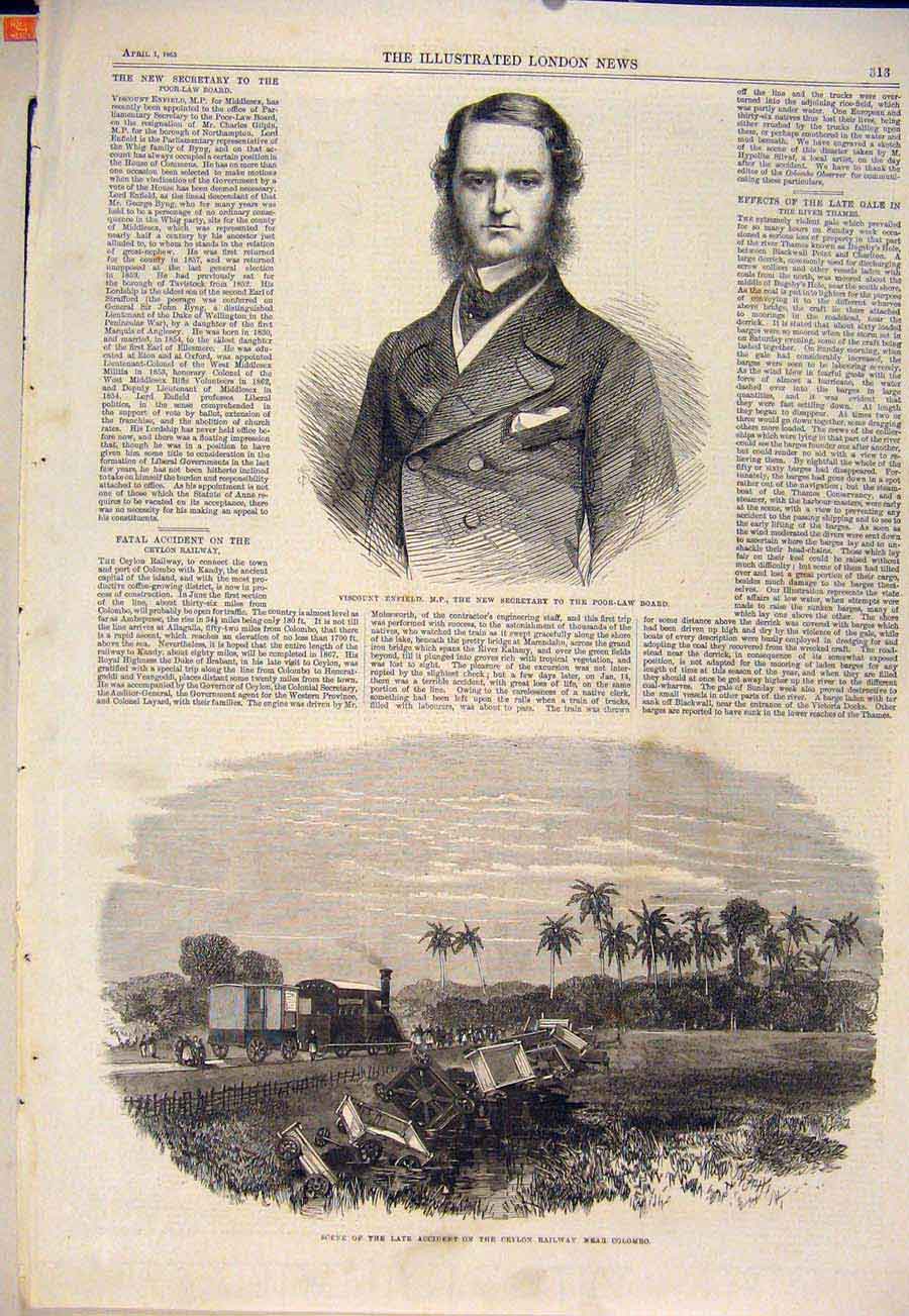 Original Old Antique Print Portrait Enfield Poor Law Ceylon Railway Colombo 1865