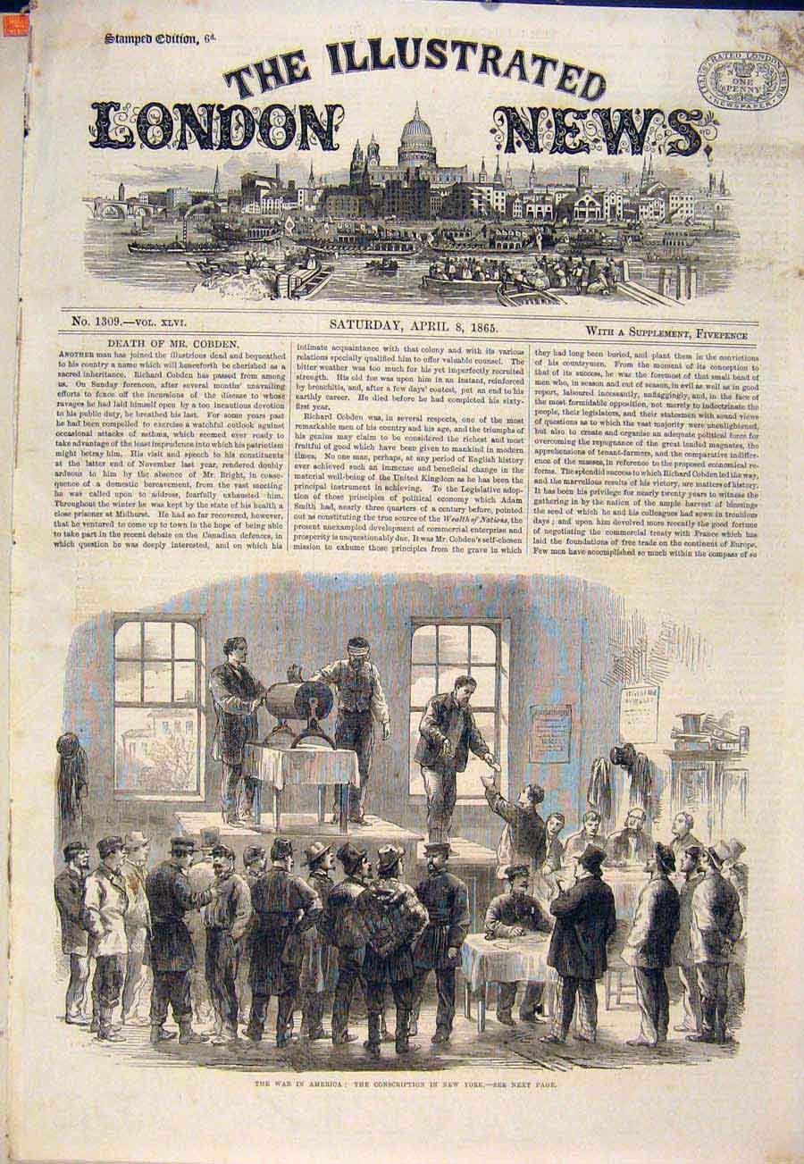 Original Old Antique Print War America Conscription New York Usa 1865 Victorian