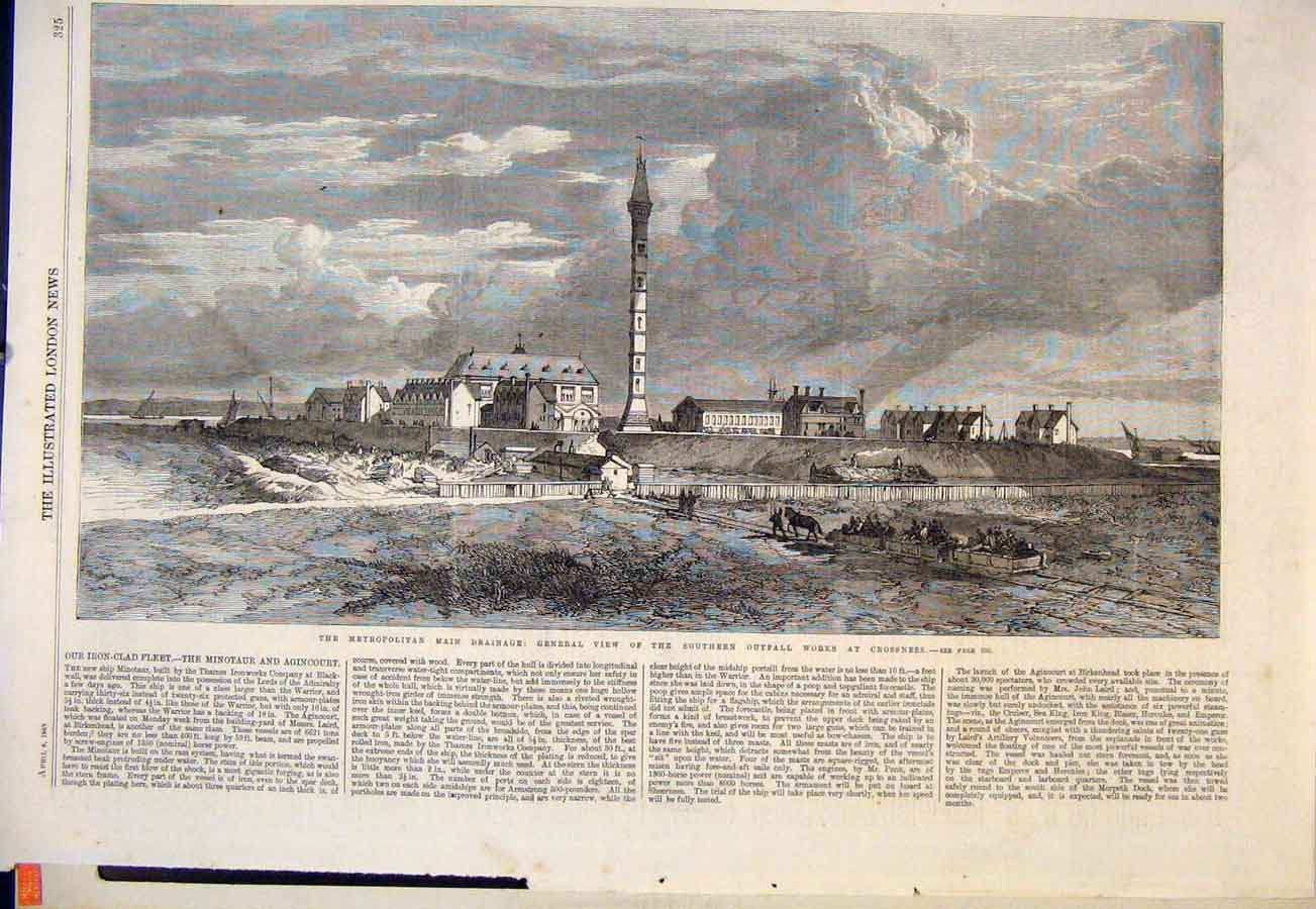 Original Old Antique Print Metropolitan Drainage Crossness View Outfall 1865