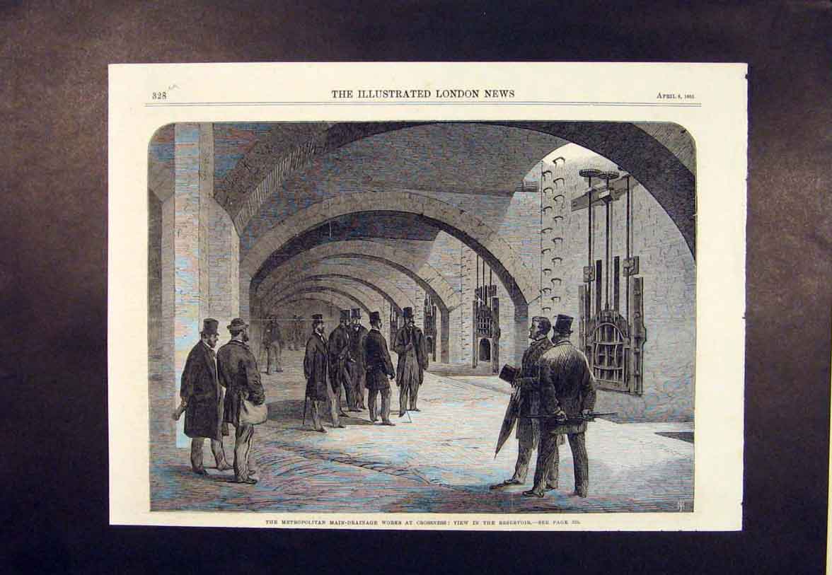 Original Old Antique Print Metropolitan Drainage Crossness Resevoir 1865 19th