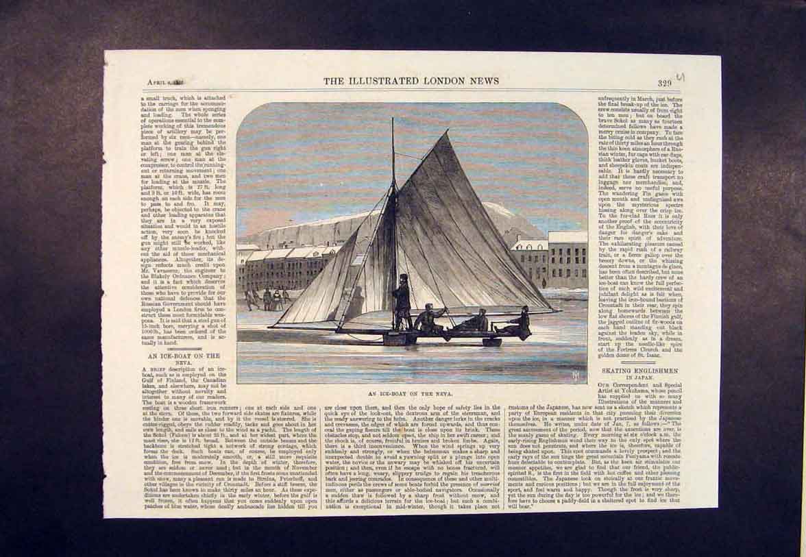 Original Old Antique Print Ice Boat Neva Finland Canadian Lakes Canada 1865