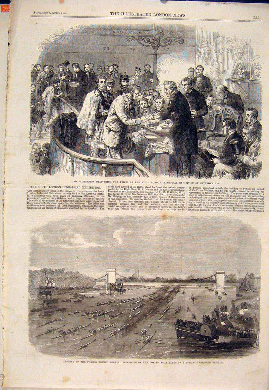 Original Old Antique Print Plamerston Industrial Exhibition London Thames Rowing
