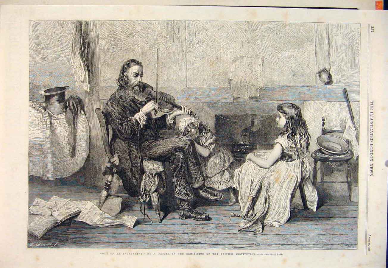 Original Old Antique Print Engagement Children Music Violin Pettie Musician 1865