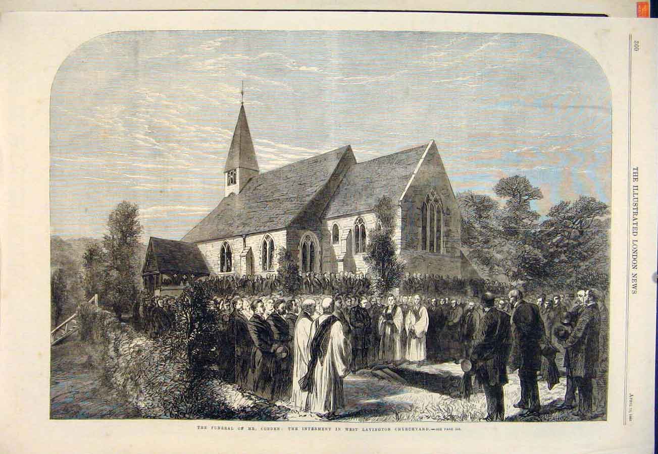 Original Old Antique Print Funeral Cobden Lavington Church Churchyard 1865 19th