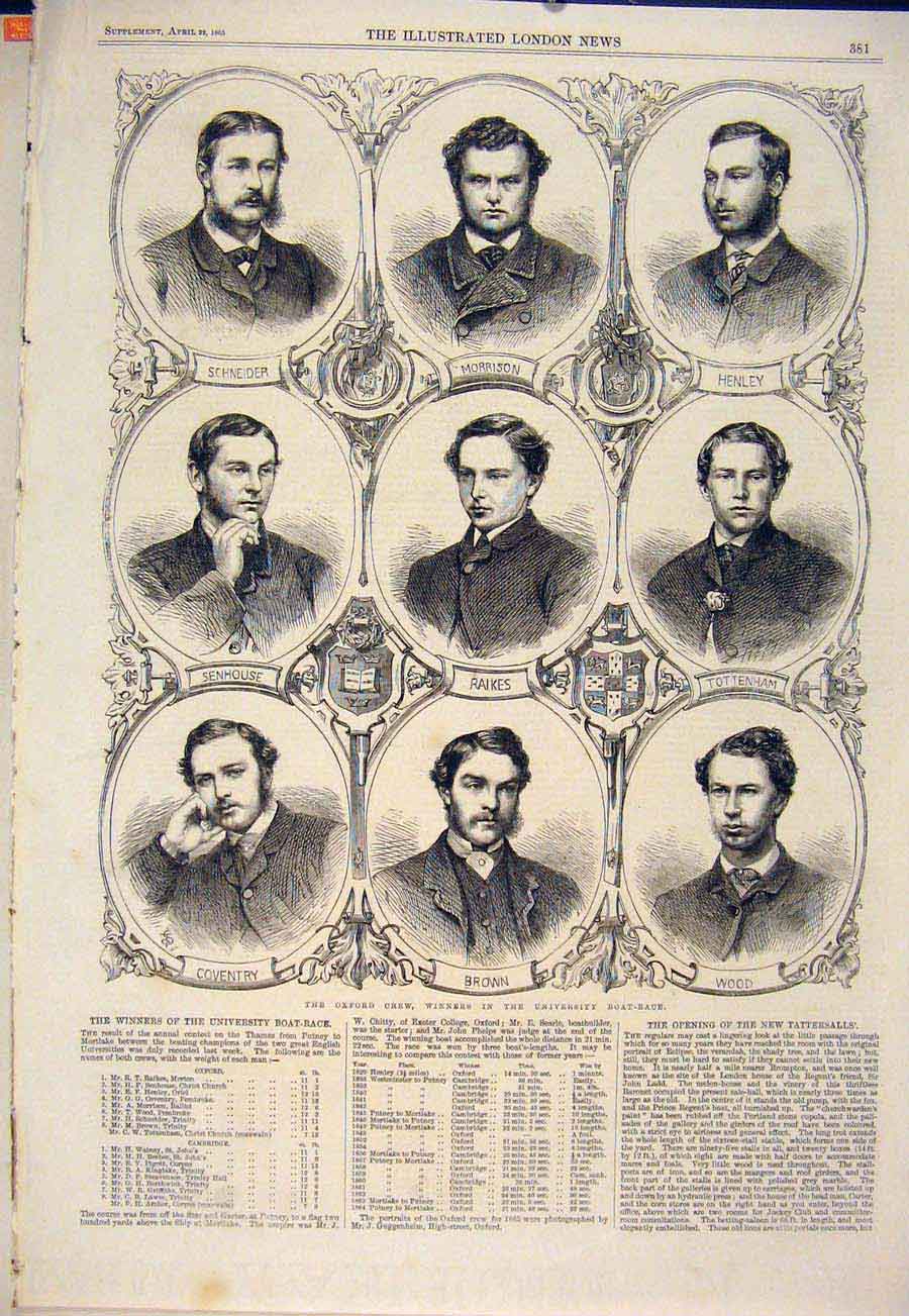 Old Antique Print Portrait Oxford Crew Boat Race Regatta University 1865 19th
