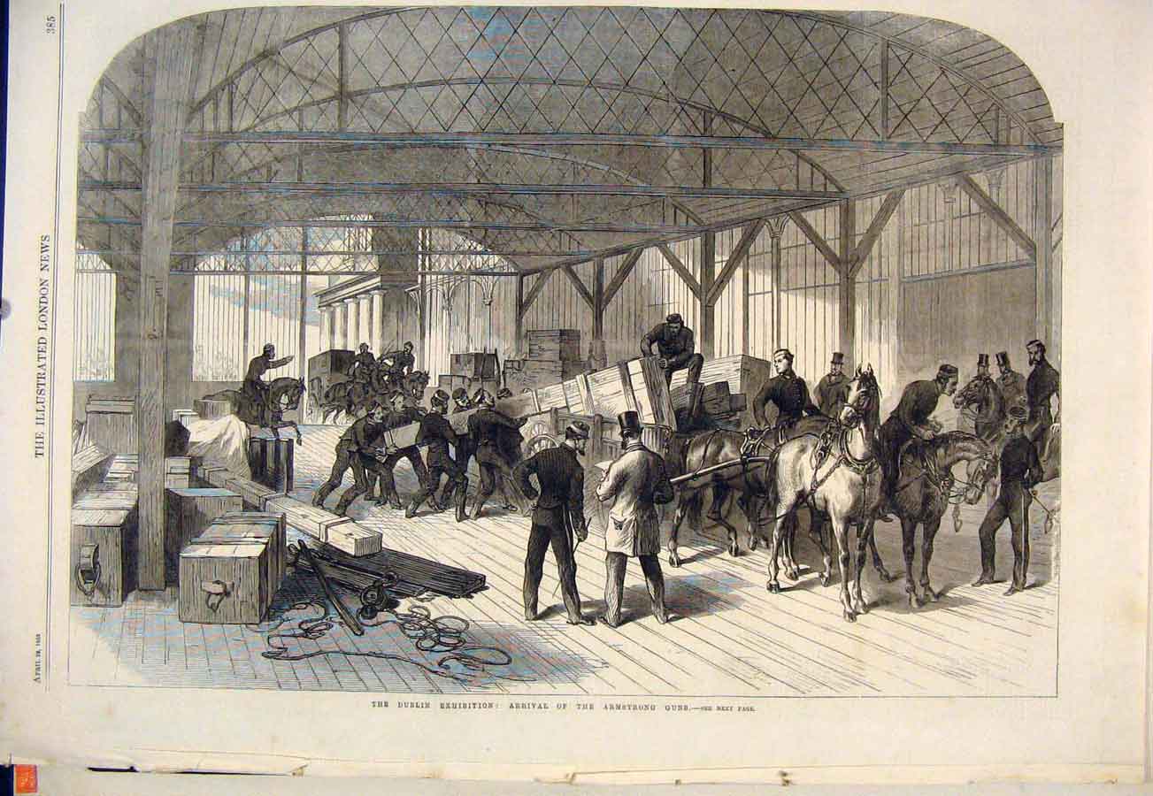 Original Old Antique Print Dublin Exhibition Armstrong Guns Gun 1865 Victorian