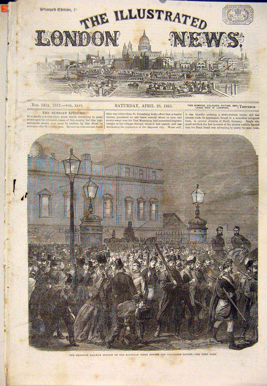 Original Old Antique Print Brighton Railway Station Volunteer Review 1865 19th