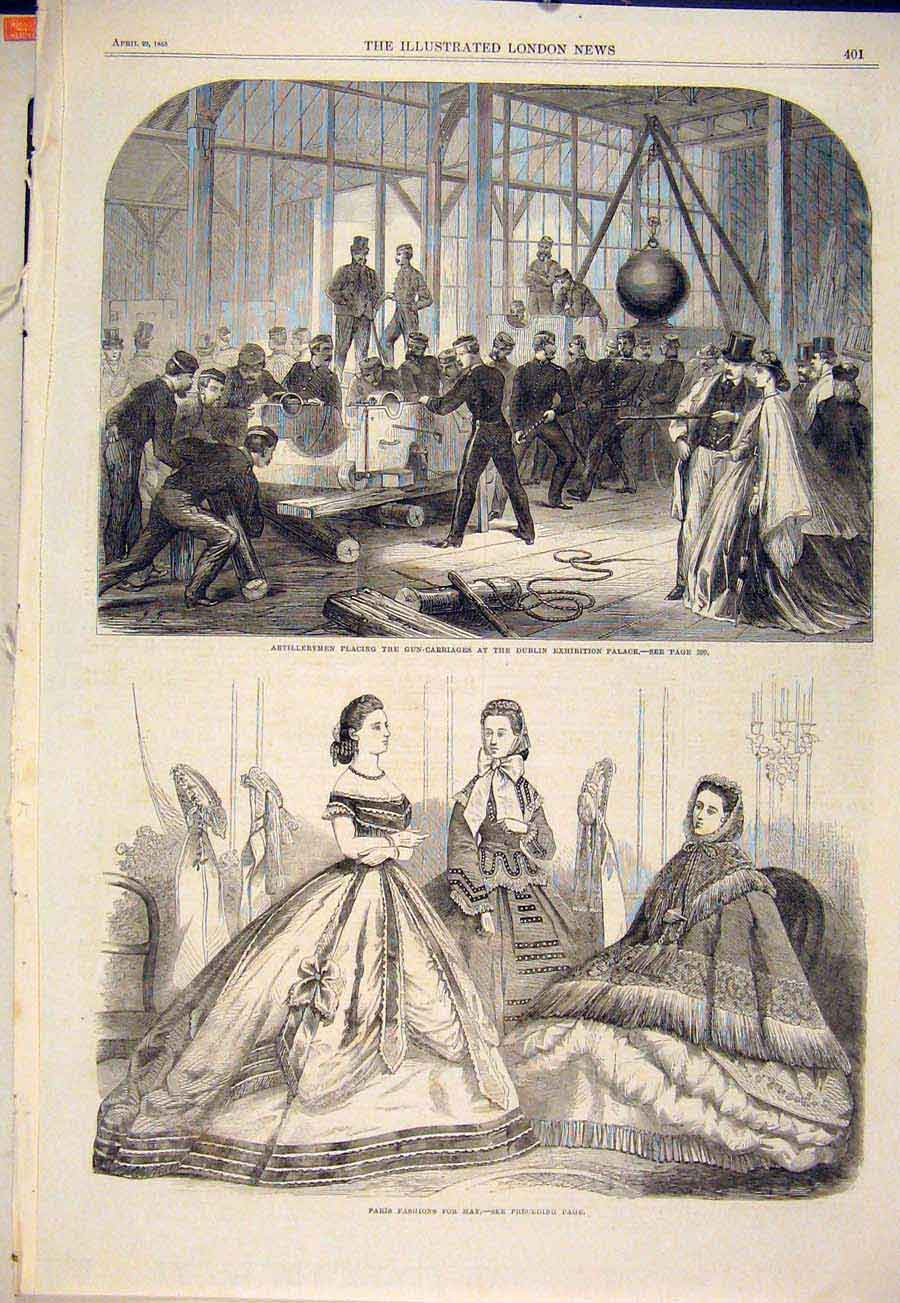 Original Old Antique Print Artillery Men Dublin Ireland Gun Paris Fashions 1865