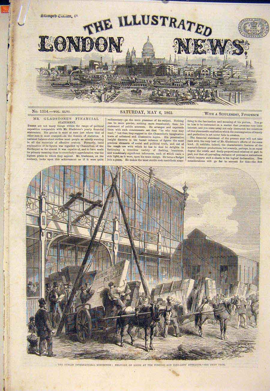 Old Antique Print Dublin Exhibition Garden Fountain Adelphi Theatre 1865 19th