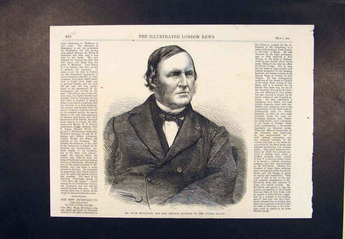 Old Antique Print Portrait M'Culloch Finance Minister United States Usa